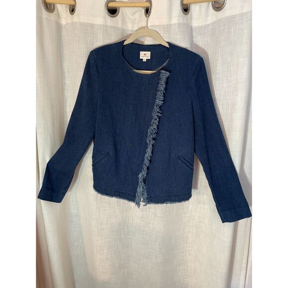 AG Adriano Goldschmied Denim Jacket M Women's Fringe‎ Trim Asymmetrical Zip Moto - Picture 1 of 7